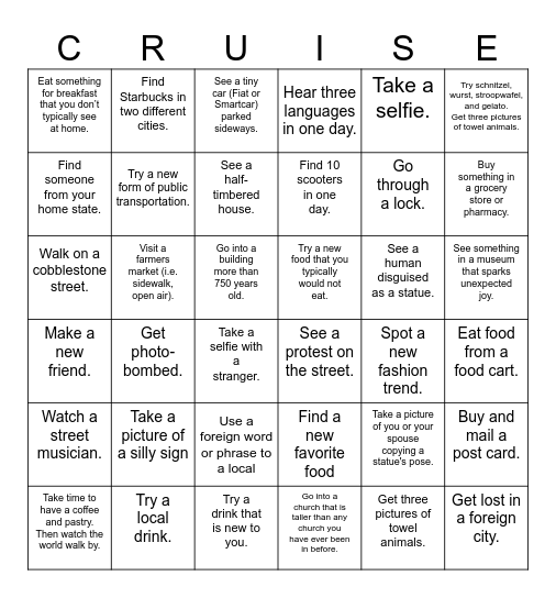 Family Cruise Bingo Card