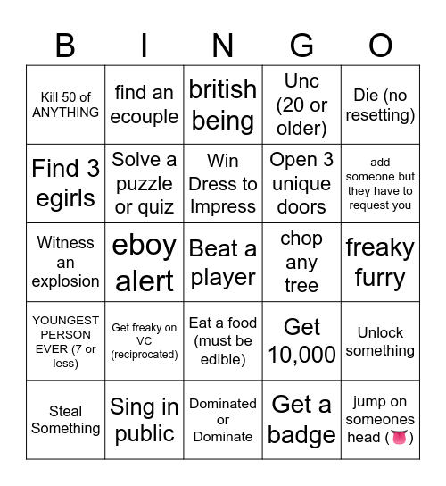 Niche Roblox Bingo Card