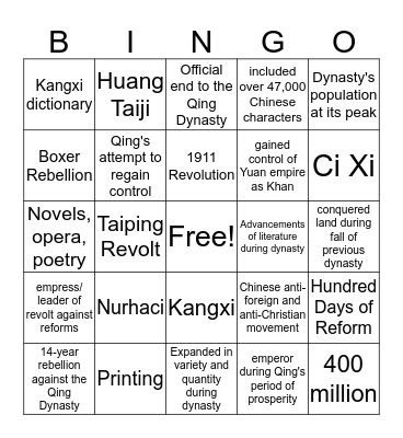 Qing Dynasty Bingo Card