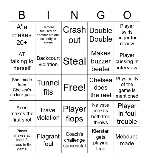 Mercury vs Aces Bingo Card