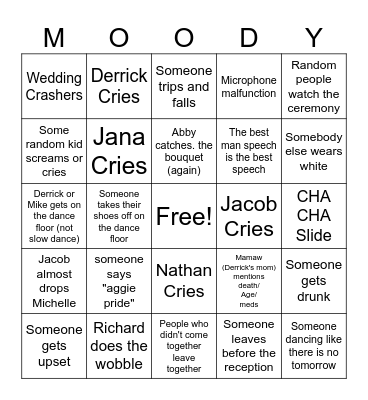 Wedding Bingo Moody pt 1 Bingo Card