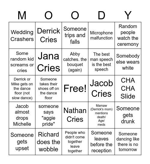 Wedding Bingo Moody pt 1 Bingo Card