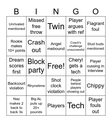 Dream vs Lynx Bingo Card