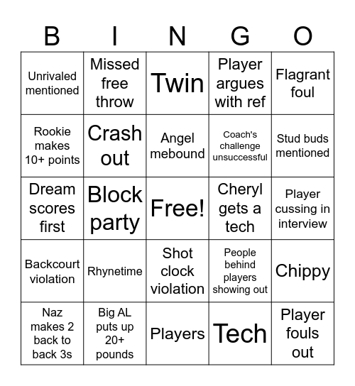 Dream vs Lynx Bingo Card