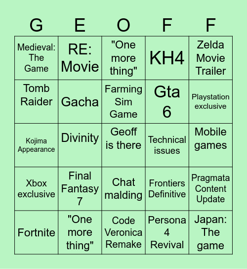 Summer Game Fest Bingo Card