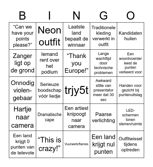 Eurovisie Bingo Card
