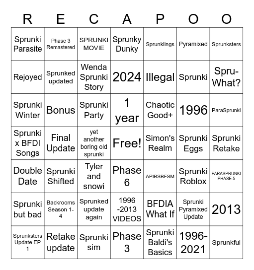 BFDIA Song Bingo Card