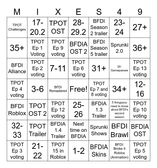Sprunki mix 2 Bingo Card