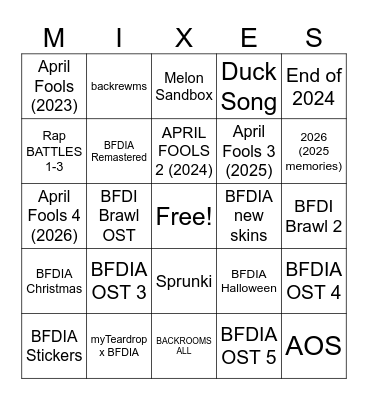 Sprunki Mixes 3 Bingo Card