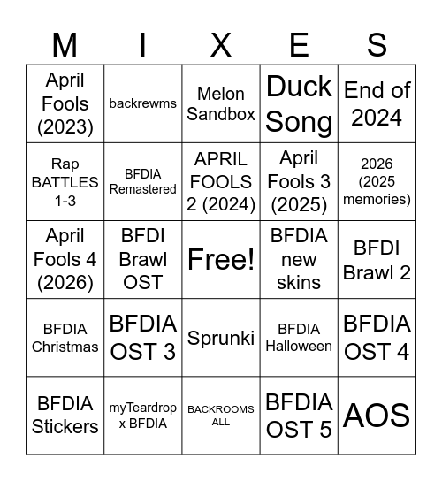 Sprunki Mixes 3 Bingo Card