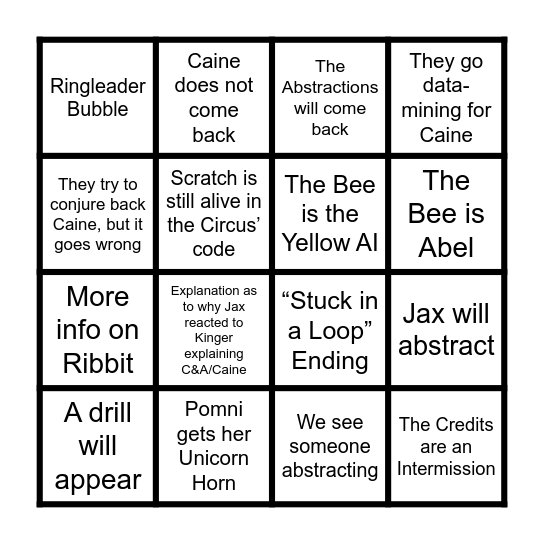 The Amazing Digital Circus Episode 9 Bingo Card
