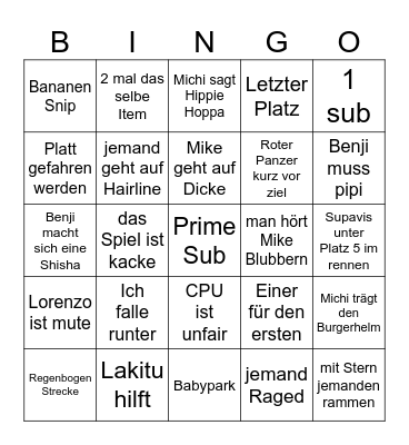 Mario Kart 8 Bingo Card