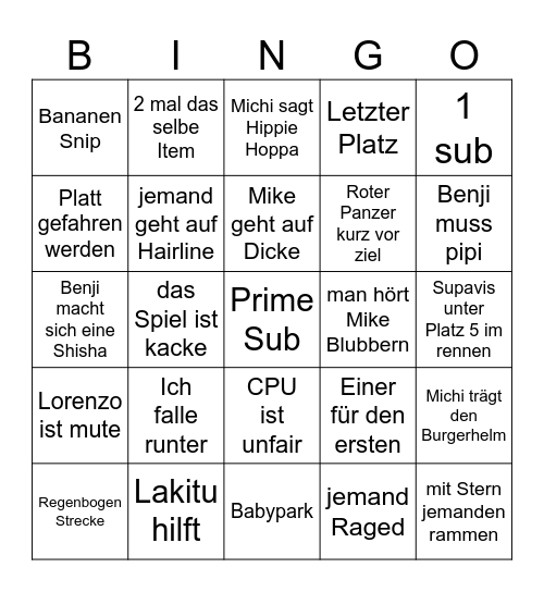Mario Kart 8 Bingo Card