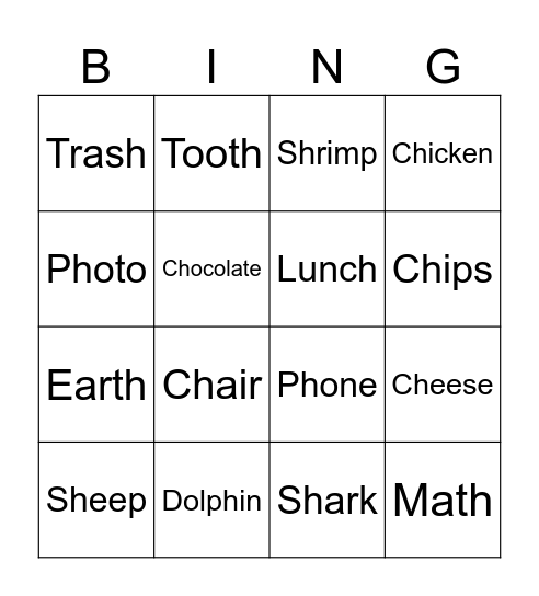 Digraph Bingo Card