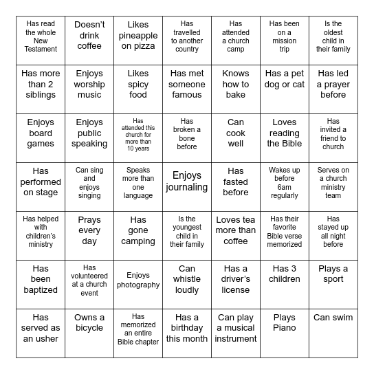 JYF Parents' Day Bingo Card