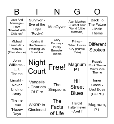 80s TV Themes & Movie Soundtracks -Double Bingo Card