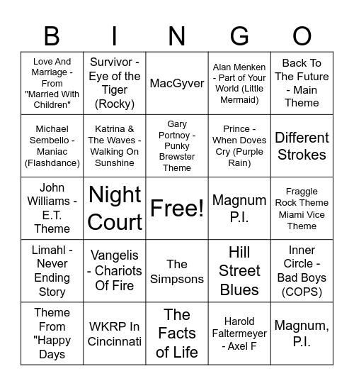 80s TV Themes & Movie Soundtracks -Double Bingo Card