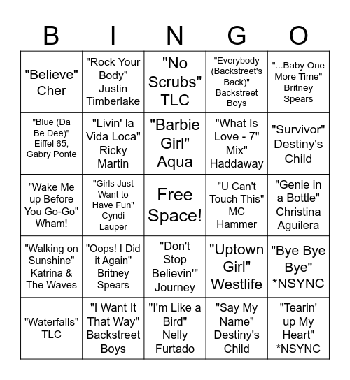 90s/2000s Music Bingo Card