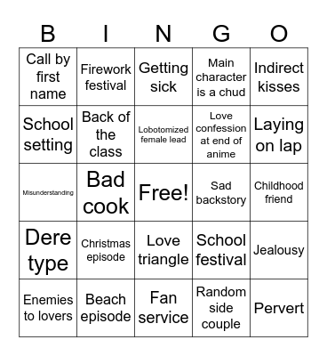 Romance anime Bingo Card