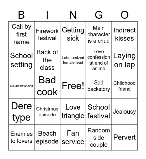 Romance anime Bingo Card