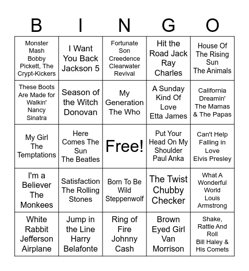 Music Bingo 60's Bingo Card
