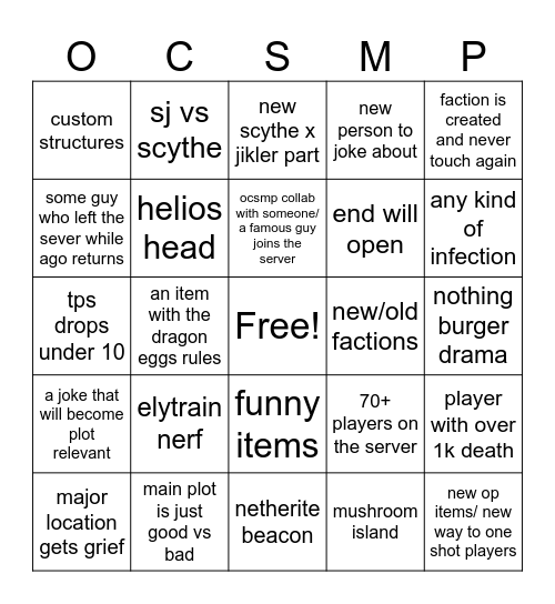 OCSMP S6 Bingo Card