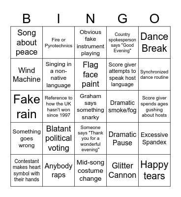 Eurovision 2026 Bingo Card