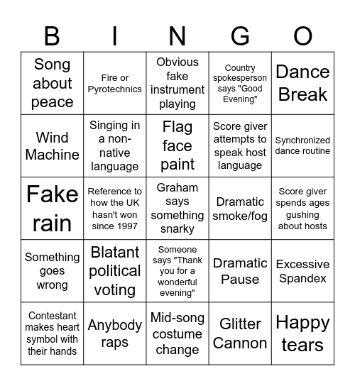 Eurovision 2026 Bingo Card