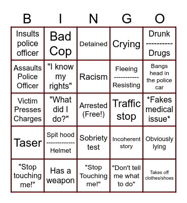 Body Cam Bingo Card