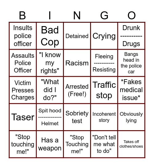 Body Cam Bingo Card