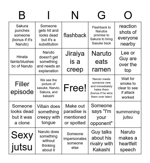 Naruto Bingo Card