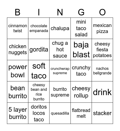 Taco bell bingo Card