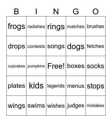 Suffix -s and -es Bingo Card