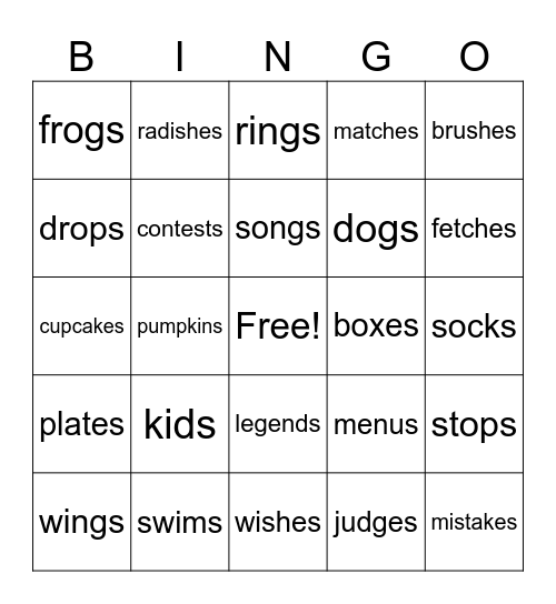 Suffix -s and -es Bingo Card
