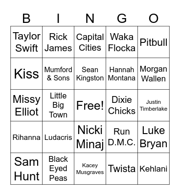 Country & Pop Bingo Card