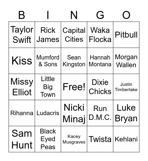 Country & Pop Bingo Card