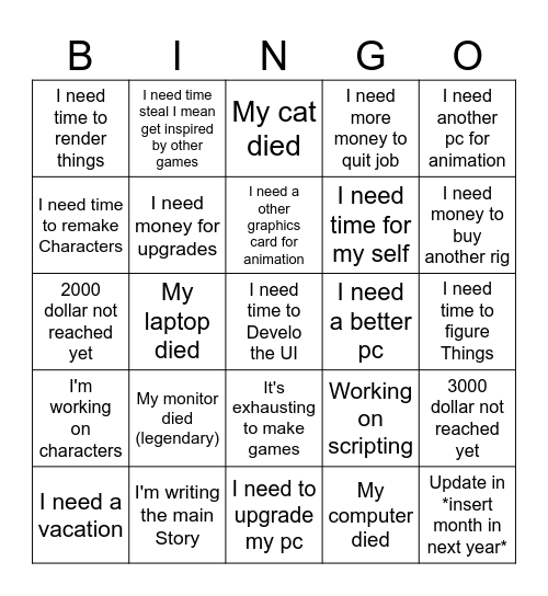 Dev excuses bingo Card