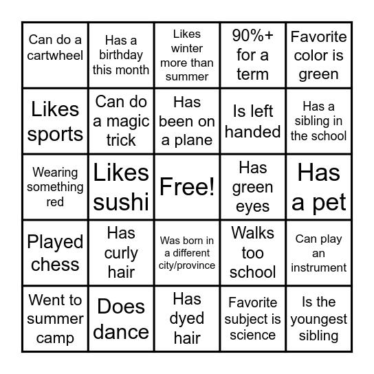 get to know you bingo Card