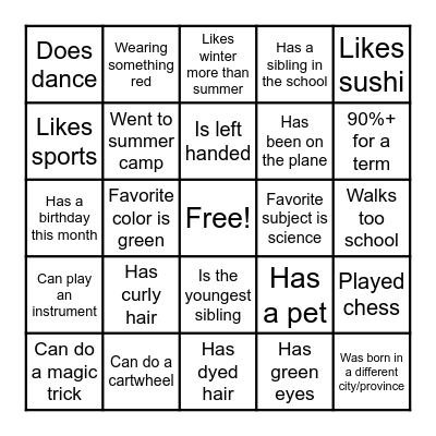 Get to know you bingo Card