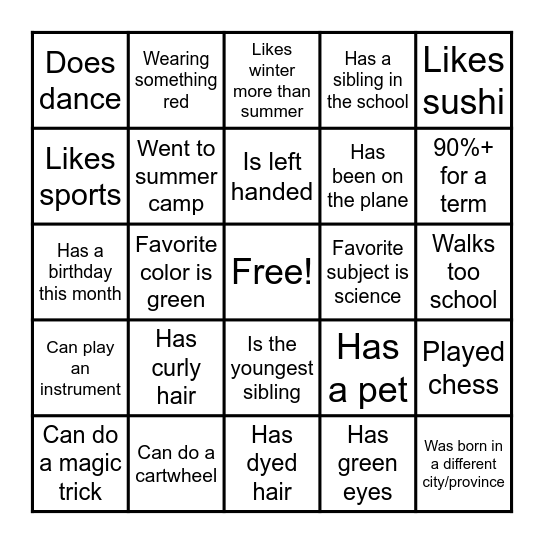 Get to know you bingo Card