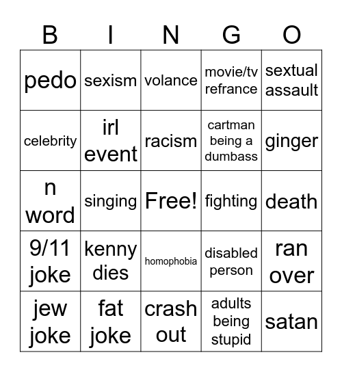 South Park Bingo Card