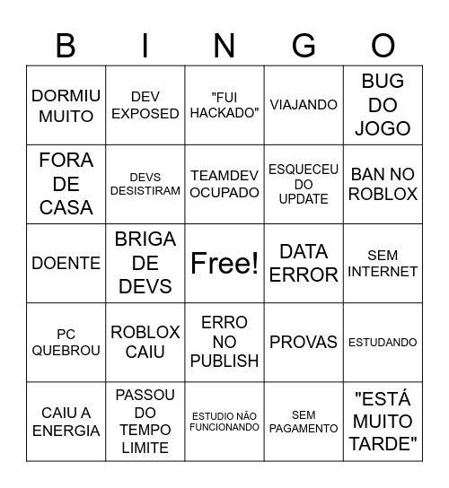 Desculpas de Devs Bingo Card