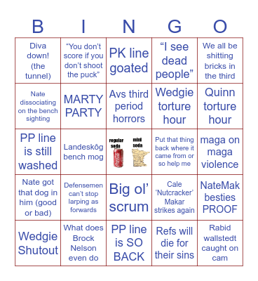 Avalanche Playoffs Round 2 Game 3 Bingo Card