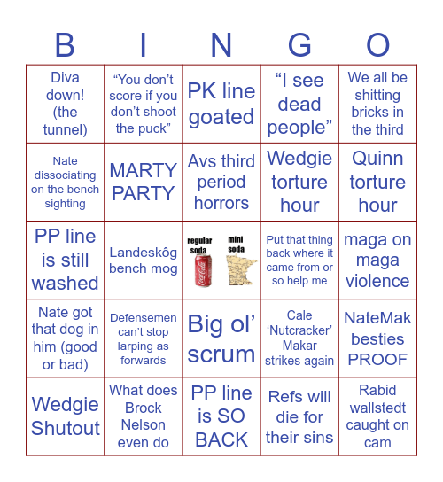 Avalanche Playoffs Round 2 Game 3 Bingo Card