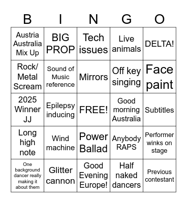 Eurovision 2026 Bingo Card