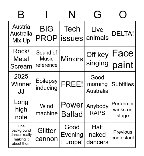 Eurovision 2026 Bingo Card