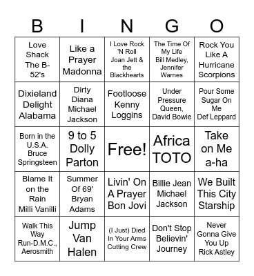 Music Bingo 80's Bingo Card
