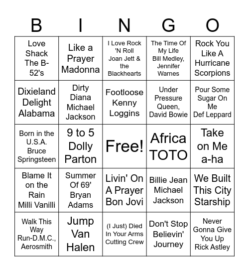 Music Bingo 80's Bingo Card