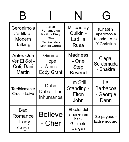 BINGO MUSICAL Bingo Card