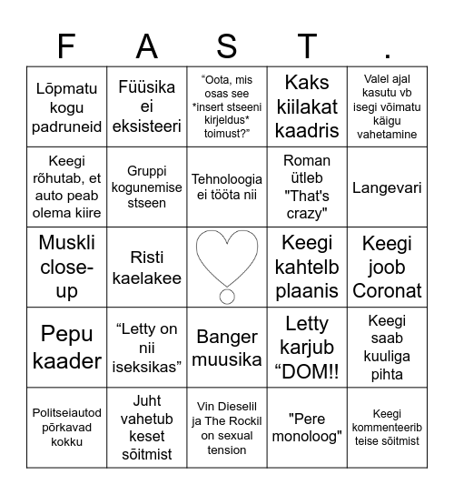"Kiired ja vihased" ussikeste stiilis Bingo Card